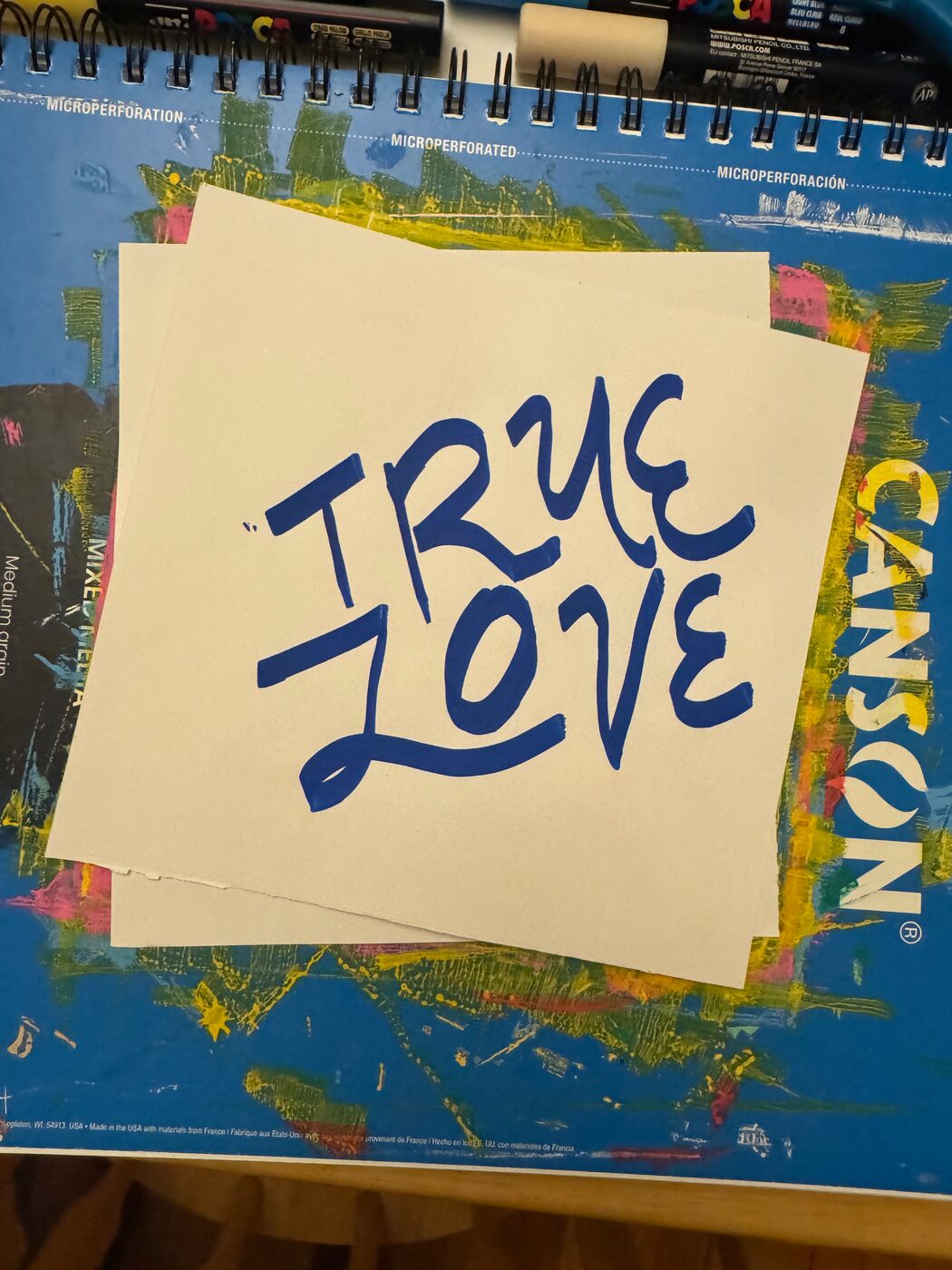 TRUE LOVE in dark blue marker capitals, with an opening quotation mark, on a white sheet laid over a paint-streaked sketchbook