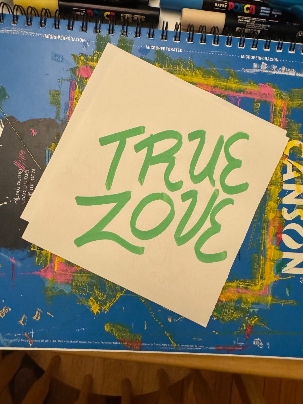 TRUE LOVE in light green marker capitals on a white sheet laid over a paint-streaked sketchbook